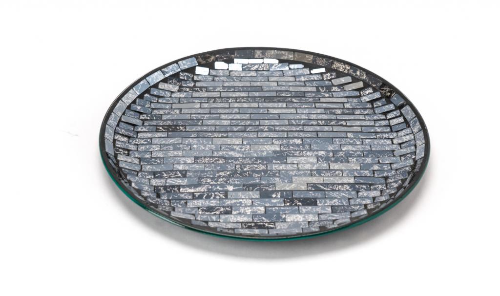 Big Black and Silver Mosaic Round Glass Plate